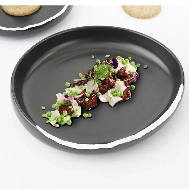 Black and White Ceramic Plate Special-shaped Dessert Molecular Cooking Tableware Irregular Disc