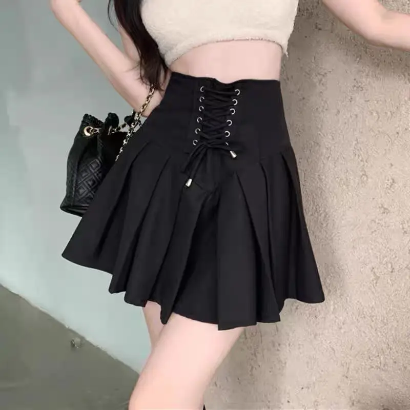 

Korean Style A-line Midi Skirt With High Waist Strap Women Fashion Black Khaki Pleated Skirt Woman Clothing Trendy 2025