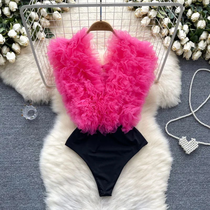 Sexy 3D Flowers Spliced Sheath Bodysuits Club Lace Up V Neck Playsuits Fashion Streetwear Backless Sensual Rompers