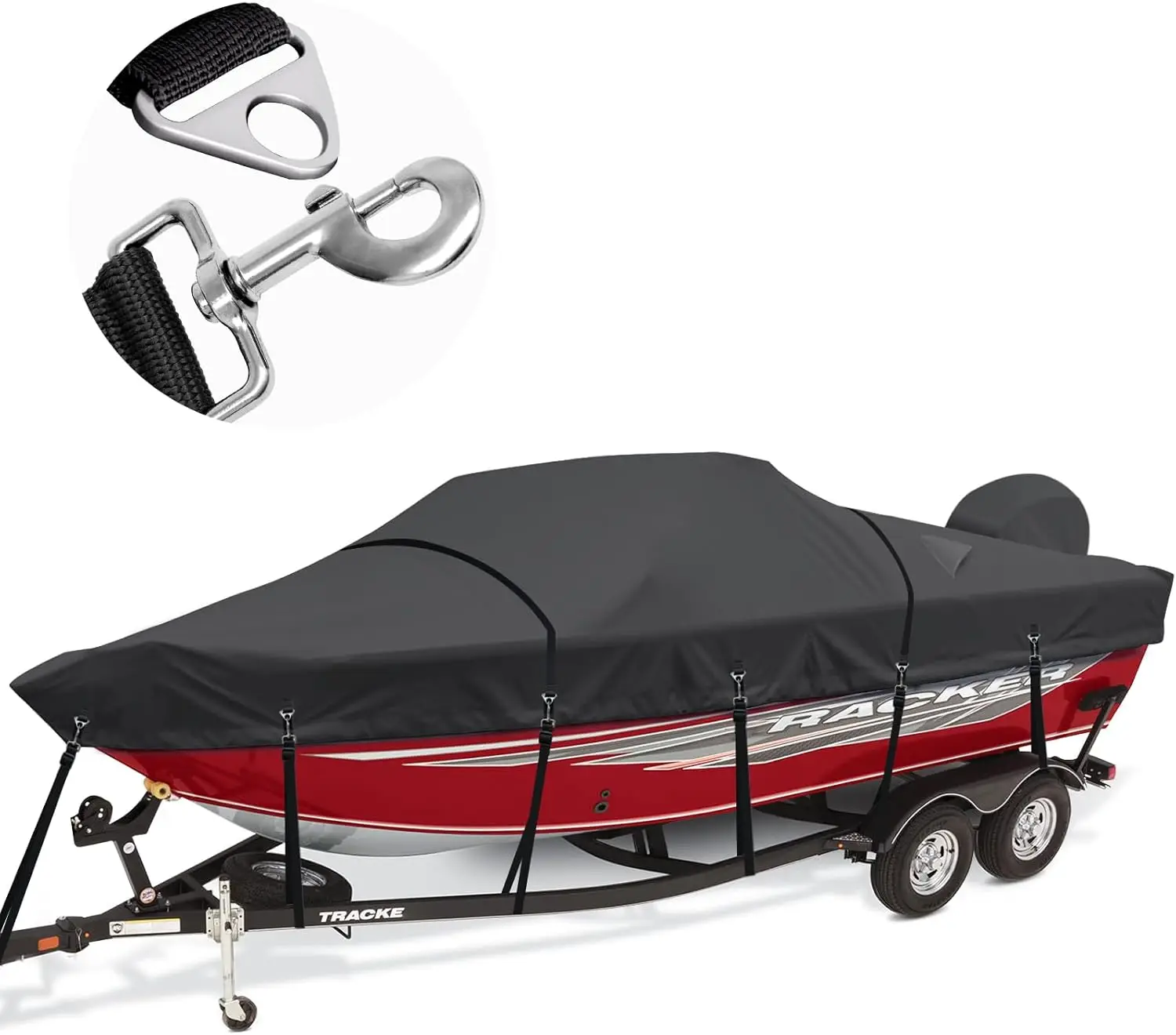 Heavy Duty 1200D Waterproof Boat Covers 16-18.5ft with Motor Cover and Windproof Adjustable Metal Buckle Fits Bass