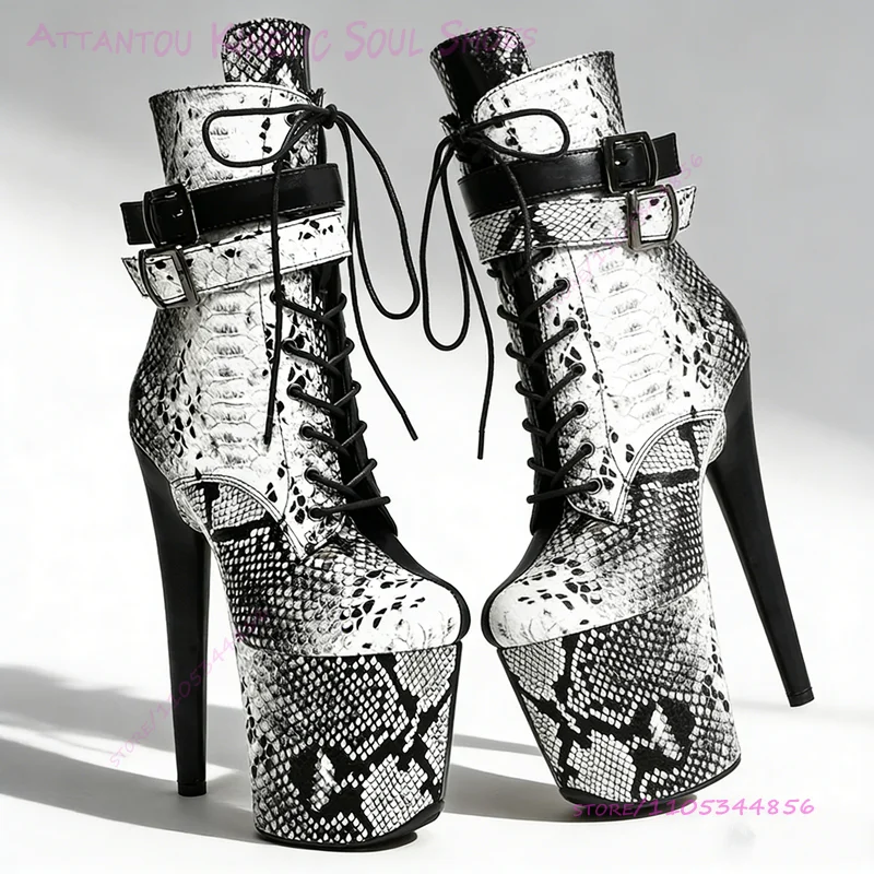 Black White Crocodile Print Patchwork Calf Boots 20cm 8 Inch Stiletto Heel Pole Dancers Cool Lace Up Zipper Platform Stage Shoes