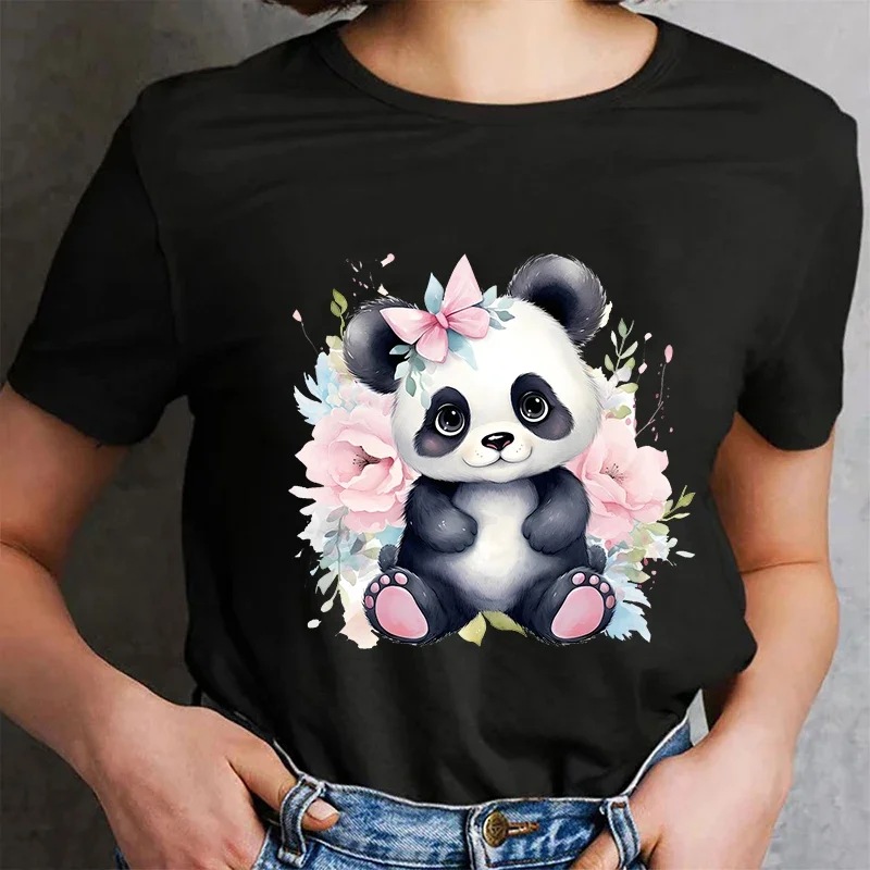 Cute Panda Printed T-Shirt Women Summer Short Sleeve Y2k Tops Fashion Hip Hop Tee Clothes Breathable Comfortable Casual T Shirt