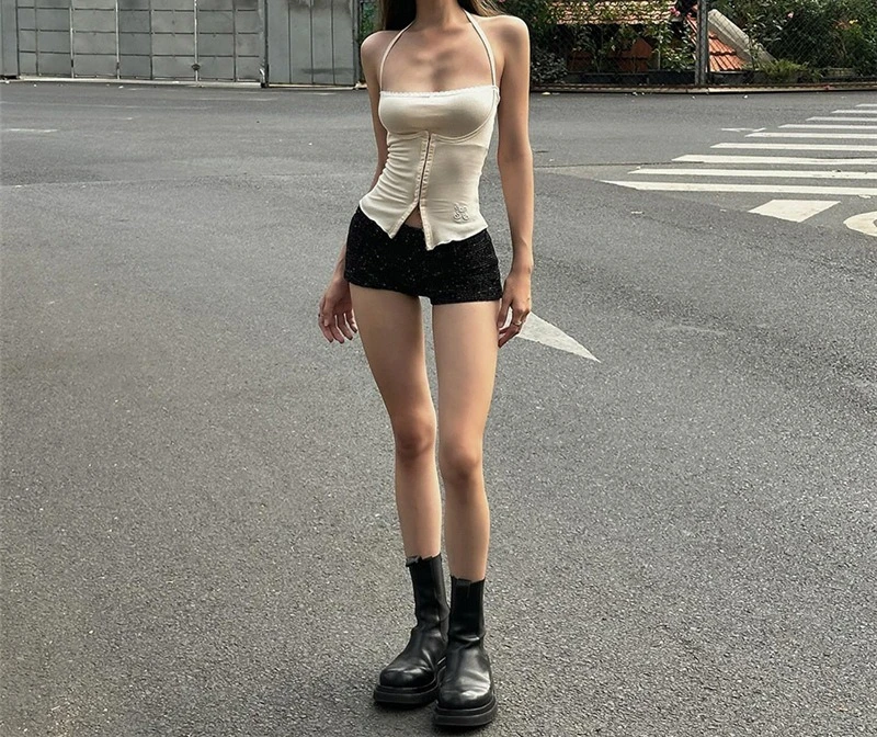 

2025 Summer New Sleeveless Halter Slim Fit Pure Color Vest Top for Women