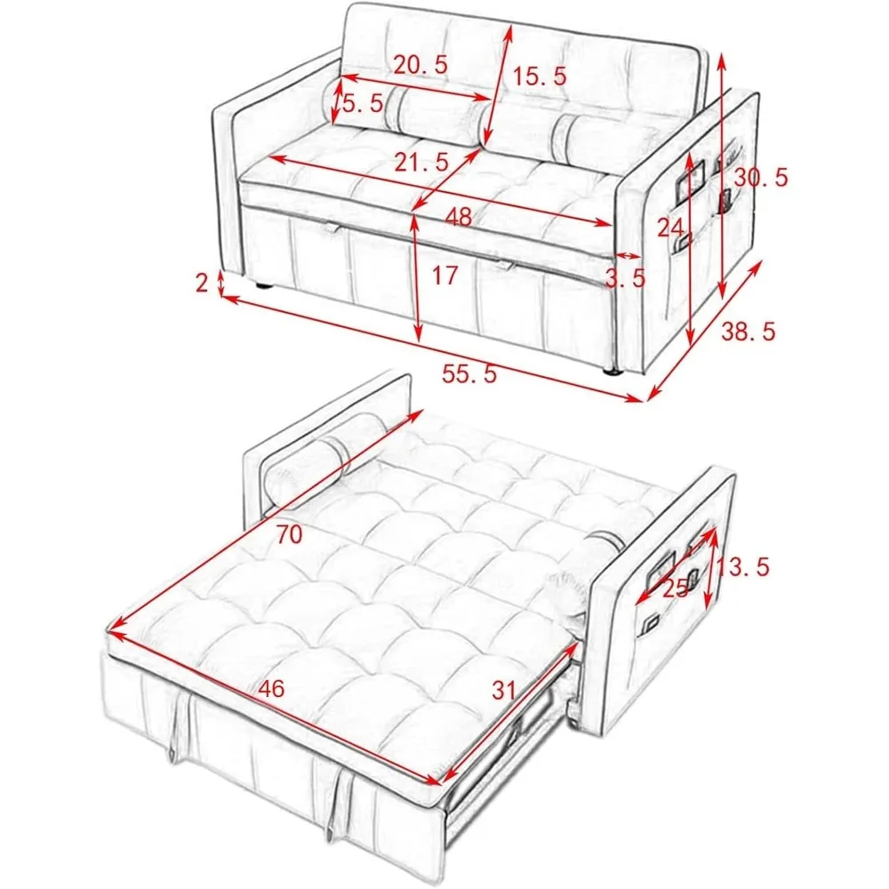 3 in1 Sleeper Sofa Couch Bed,Velvet Convertible Loveseat Futon Sofa w/Pullout Bed,Adjustable Backrest,Cylinder Pillows Apartment