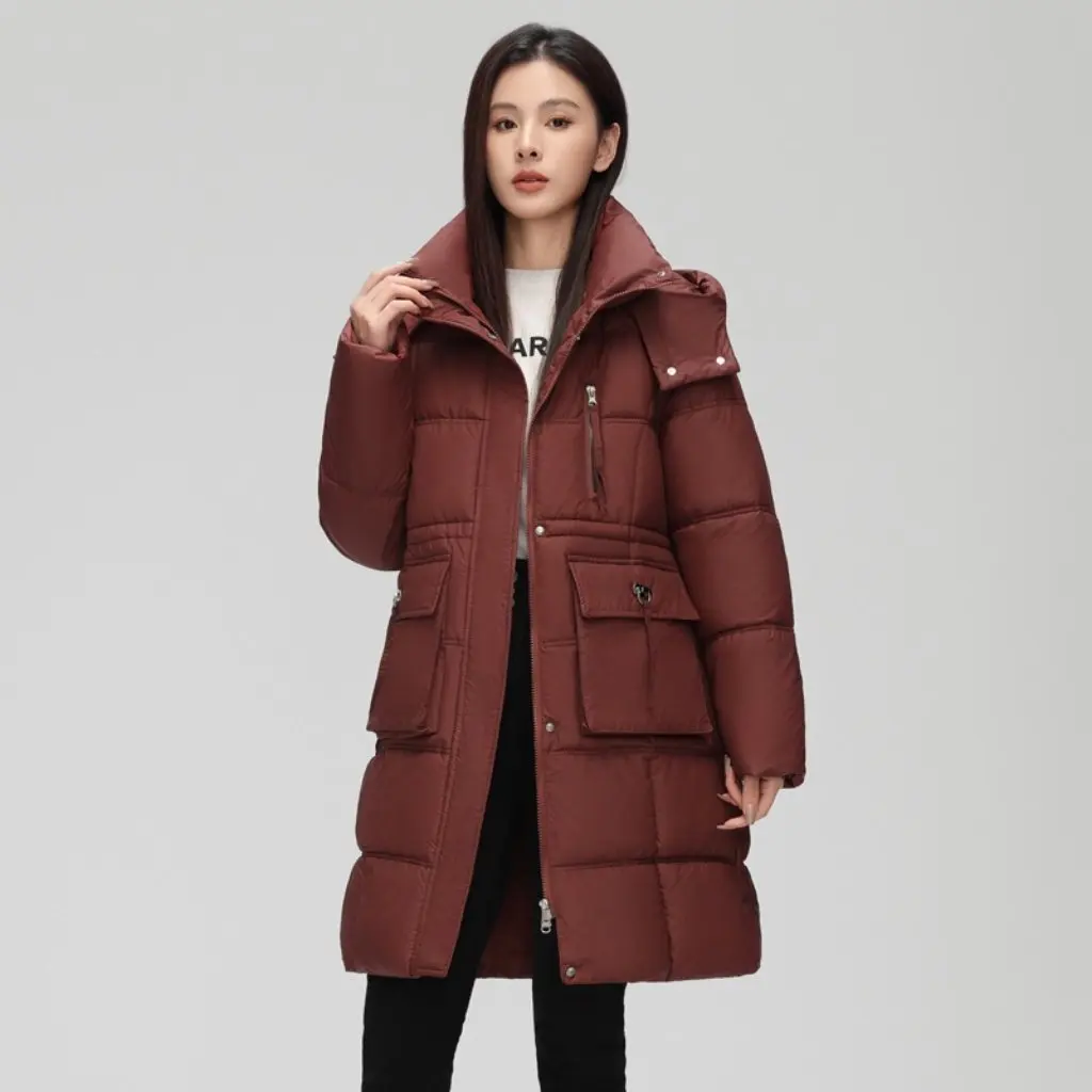 

Women's Hooded Cotton Coat Mid-Length Fashionable Waist-Cinching Elegant Over-The-Knee Long Style Trendy Cotton Jacket