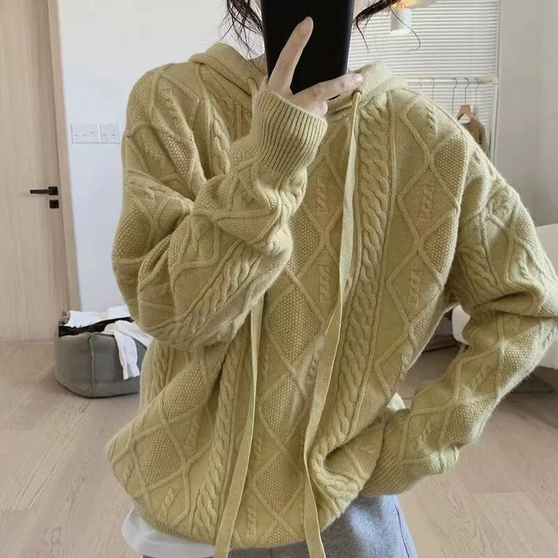 2023 Women Knitted Pullover Long Sleeve Oversized Sweater Tops Party Hooded Dresses Pull Femme New Hot Mujer T356