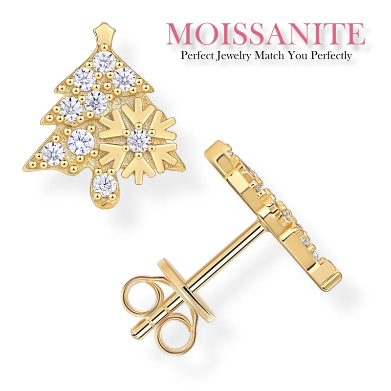 0.28ctw Festive Christmas Tree and Snowflake Moissanite Stud Earrings – 18K Gold Plated S925 Silver for a Magical Holiday Vibe