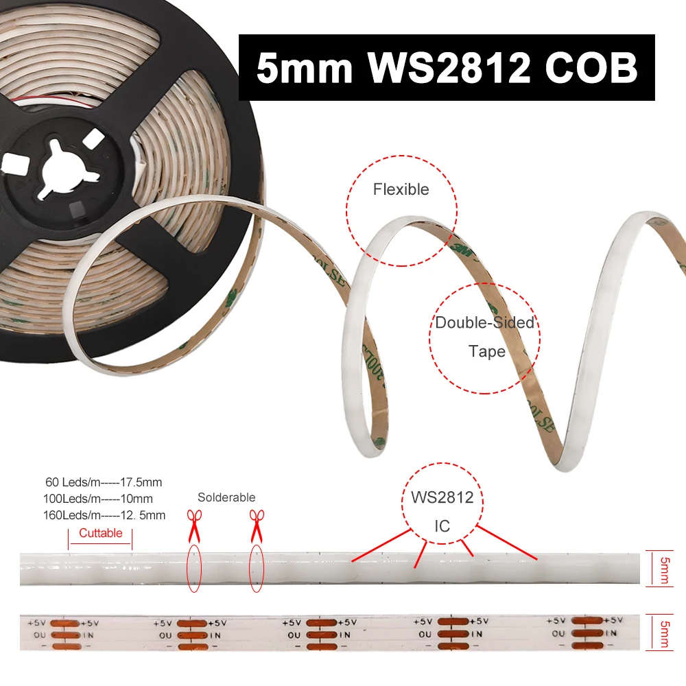 5V WS2812B RGBIC COB LED Strip 5mm WS2812 Individually Addressable Flexible 60 100 160Leds/M High Density Dream Color Tape Light