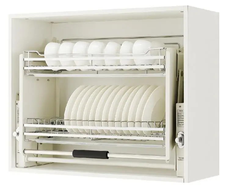 -oo Drawer Lift Storage Basket 304 Stainless Steel Kitchen Cabinets with Buffering Antislip Double-layer Dishes Pull-out Baskets