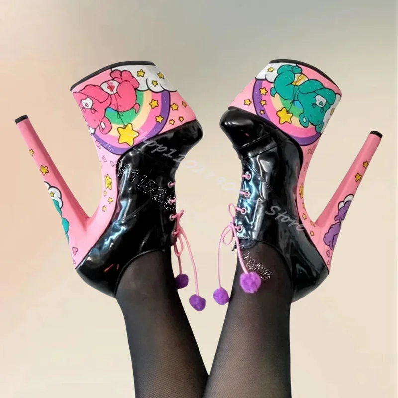 

Colorful Graffiti Print Cross Tied Platform Ankle Boots Lace Up Women Shoes Thin High Heels Party Feast 2024 Zapatos Para Mujere