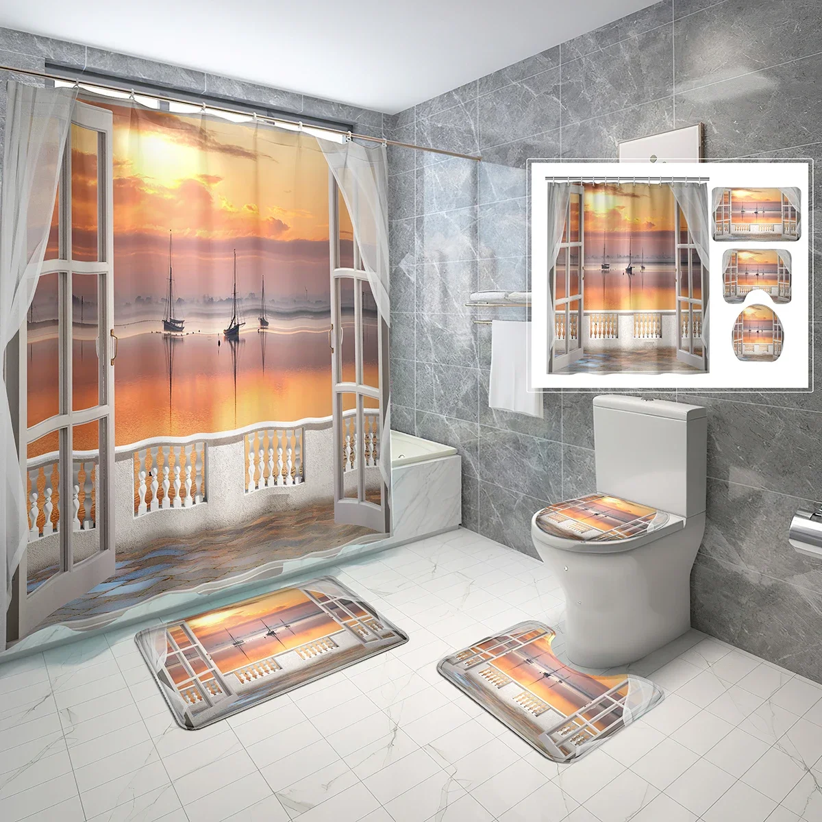 

Window Scenery Shower Curtain Sets 4 Pcs with Non-Slip Bath Mat,Toilet Lid Cover and Sunset Seascape Sailboat Shower Curtain Set