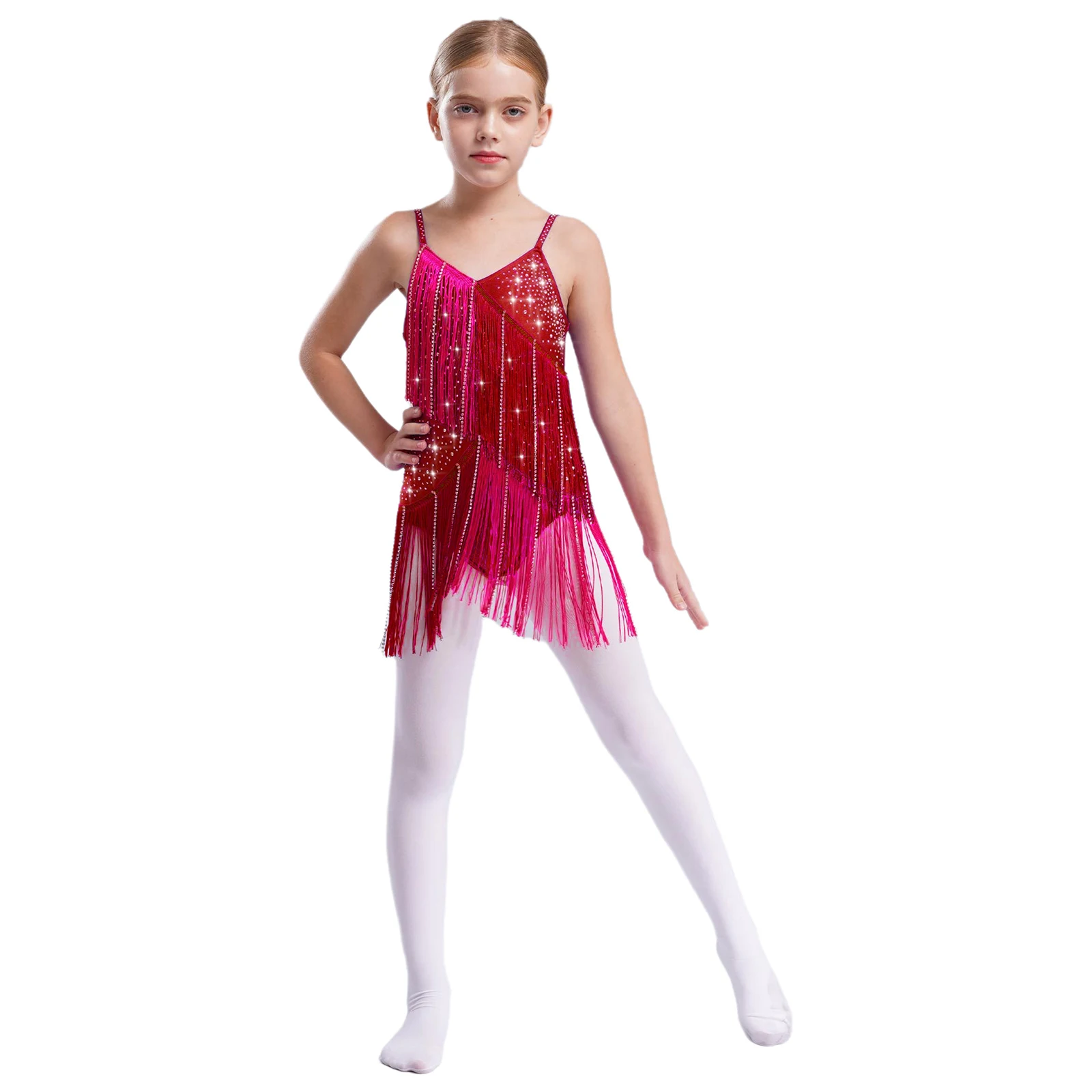 

Kids Girls Tassels Latin Jazz Dance Leotard Figure Skating Costume V-neck Spaghetti Straps Color Block Bodysuit for Tango Samba