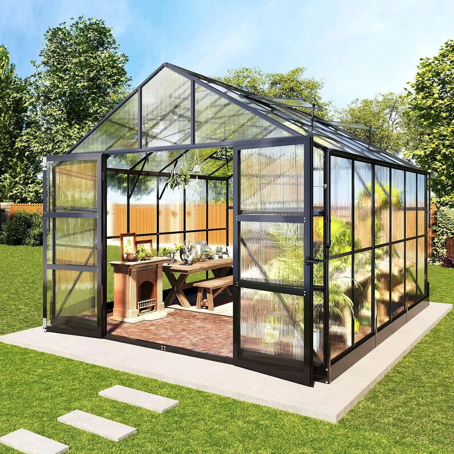 10x12 FT Polycarbonate Greenhouse with 4 Roof Vents, Customized