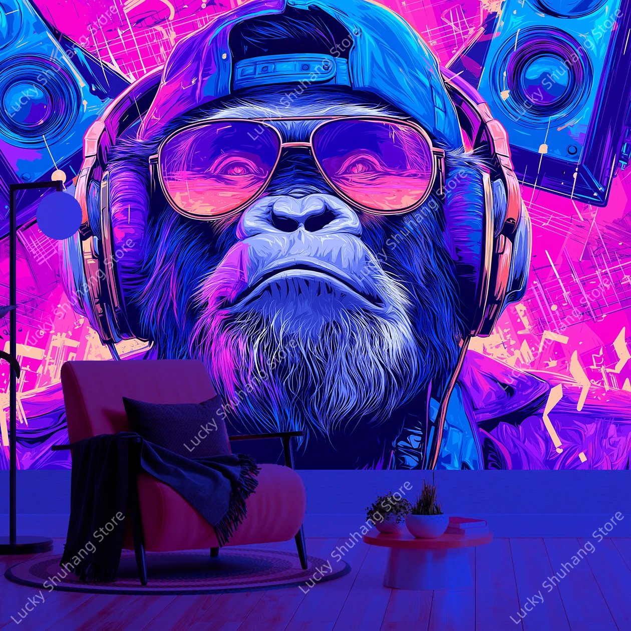 Vibrant Cool Gorilla Retro Headphones Street Art Music Urban Style UV Tapestry Wall Hanging for Bedroom Living Room Office Decor