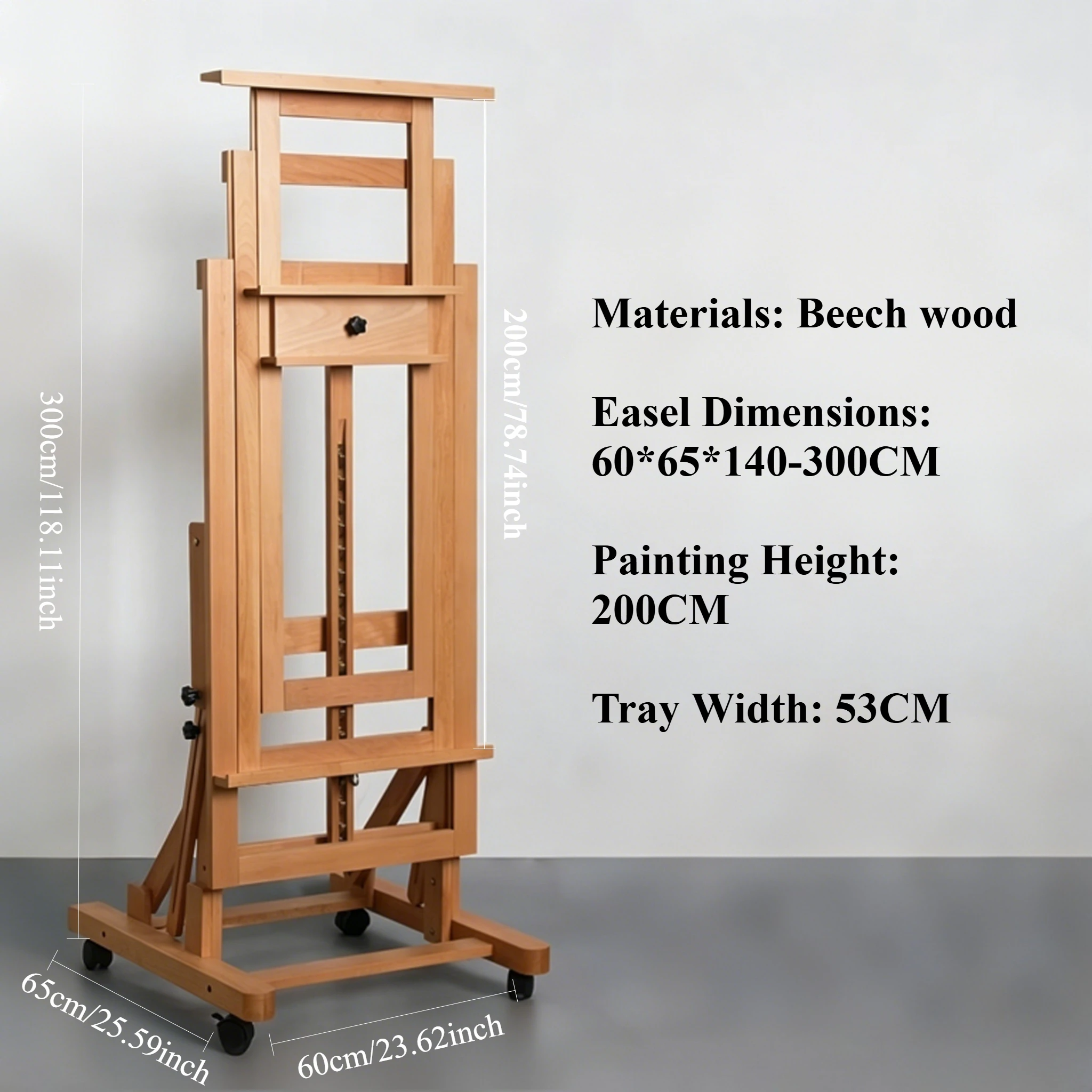 Large H-Frame Easel Stand for Paintings & Display Artist Easel with Wheels Solid Beechwood Wooden Easels for Canvas Adults