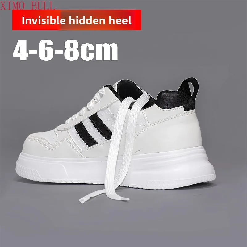 Unisex Leather Casual Elevator Sneakers 6CM Height Increasing Shoes Breathable Lightweight Comfortable Men Women Walking Shoes