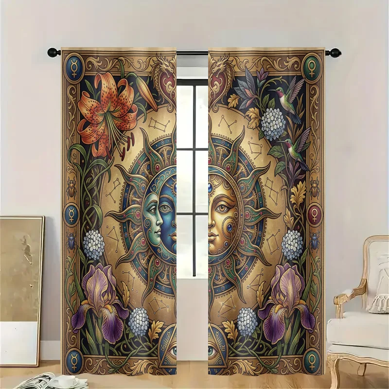 Vintage Boho Zodiac Astrology Goddess Gold Curtain Panel Semi Sheer Art Nouveau Mystical Celestial Floral Day Window Treatment D
