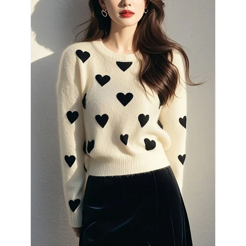

Французский элегантный белый свитер с длинными рукавами Love для женщин, осенне-зимний пуловер, универсальный элегантный топ