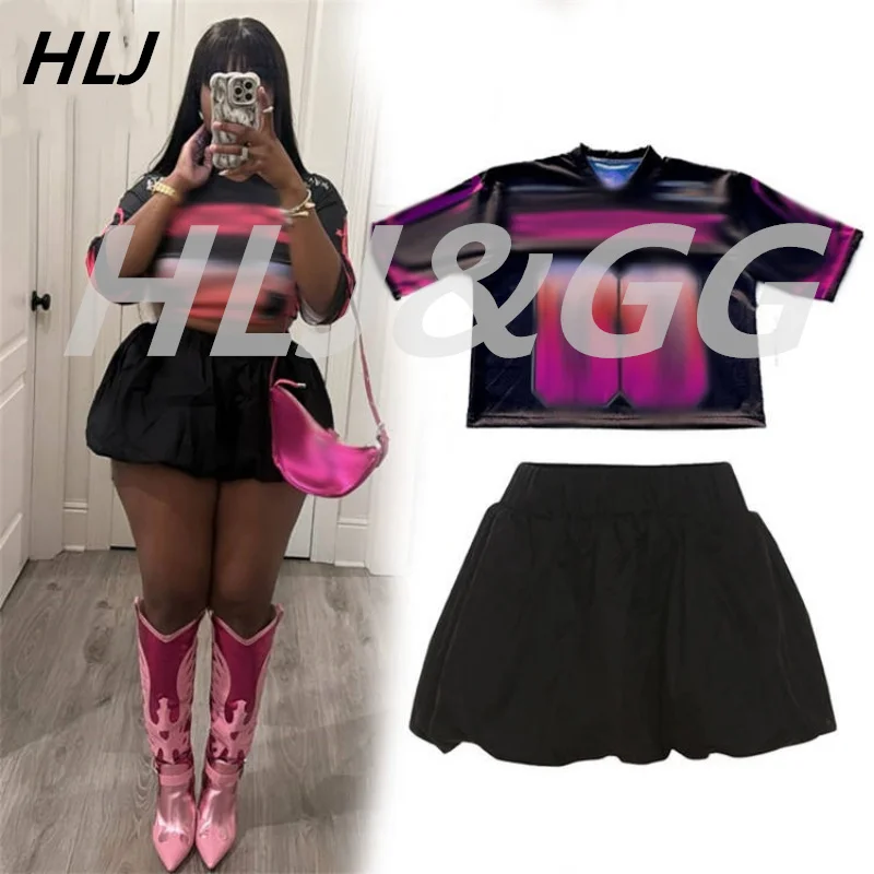 HLJ Fashion Bubble Mini Skirts Two Piece Sets Women V Neck Loose Tshirts And Skirts Outfits Black Letter Print 2pcs Streetwear