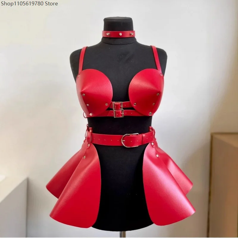 Silver Red Metallic Body Harness Ensemble Choker Collar Shoulder Bra Harness Flounce Skirt Waist Belt Adult Cosplay Accessory 3