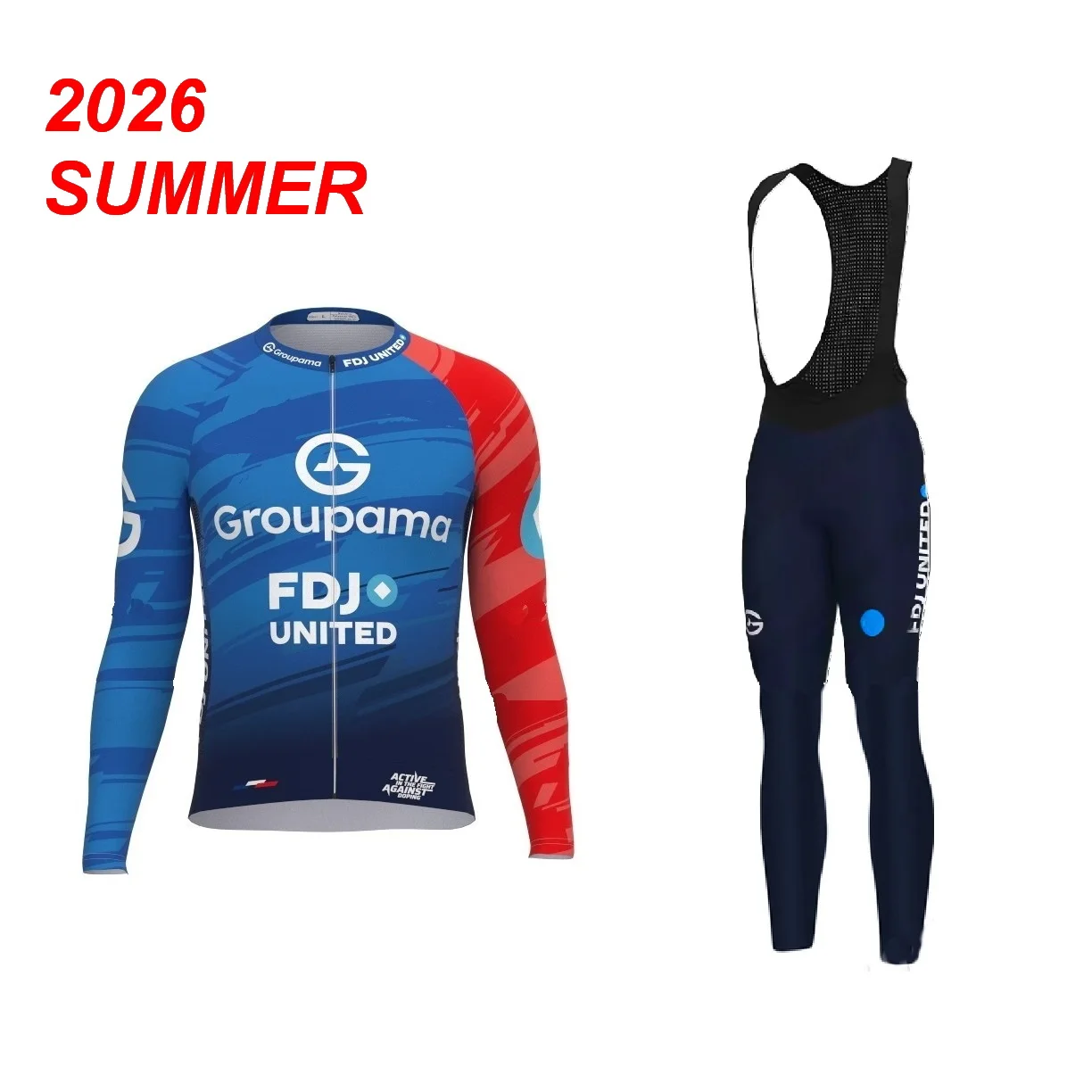 

SPRING SUMMER 2026 Groupama FDJ Team Синий велосипедный трикотаж с длинными рукавами, велосипедная одежда с нагрудником и штанциями с 7-ячетками, Италия