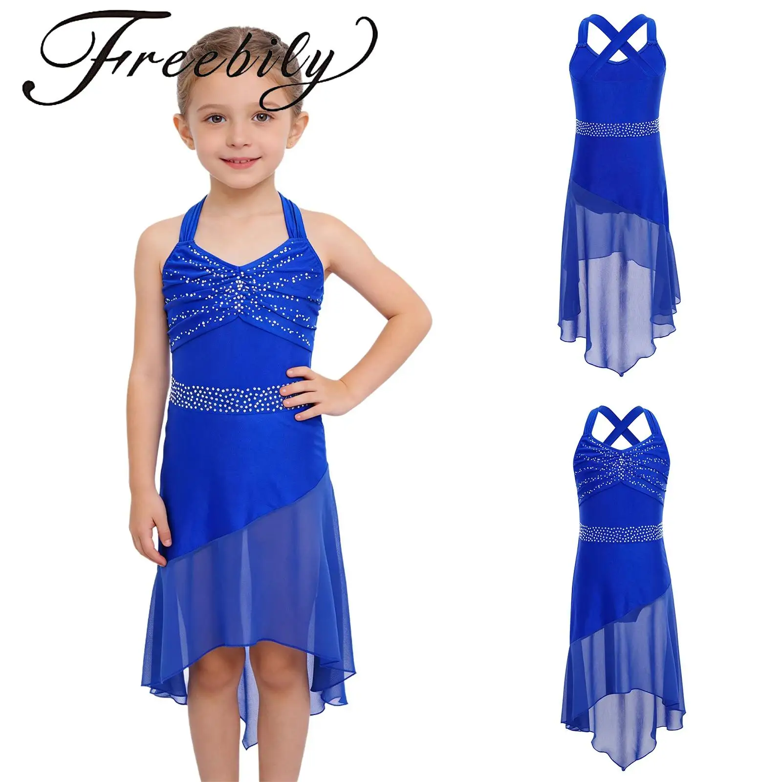 

Kids Girls Chiffon Latin Dance Dress Sleeveless Cross Back Shiny Rhinestones Ruched Bodice High-Low Hem Dress for Competition
