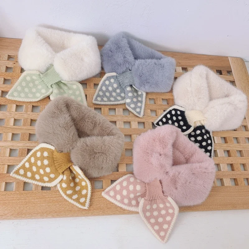 Fashion Children Girl Artificial Leather Winter Sweet  Scarf  Plush Polka Dot Kids Korean Girl Knit Scarf 2022 For Baby