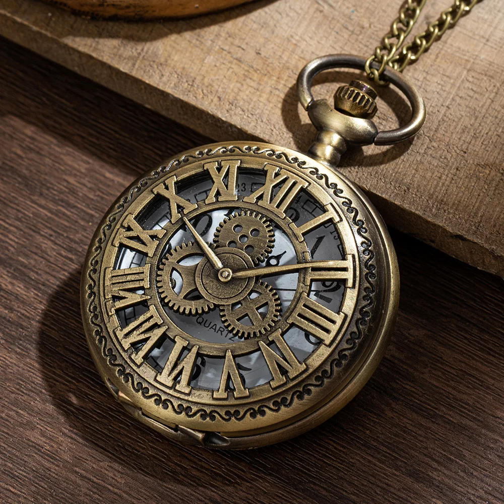 Pocket watch women\'s necklace pendant vintage pocket watch classic boy style style flip hollowed out gear Roman figure