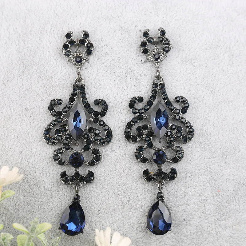 Vintage Jewelry Accessories Goth Classic Elegant Long Black Floral Gems Crystal Rhinestone Dangle Drop Earrings for Women