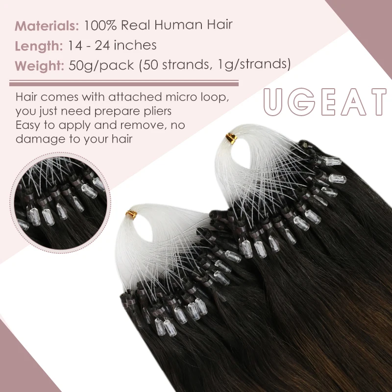 [15 Colors] Ugeat Micro Link Hair Extensions Human Hair 14-24" 1g/1s Machine Remy Hair 50g/100g Micro Bead Extensions Balayage