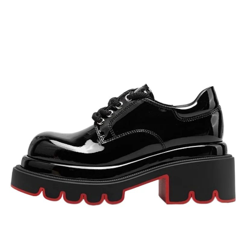 Genuine Leather Handmade Thick Soled Shoes Women's Increase 7cm Black/Red Banquet High Heels British Street Casual Cowhide Shoes