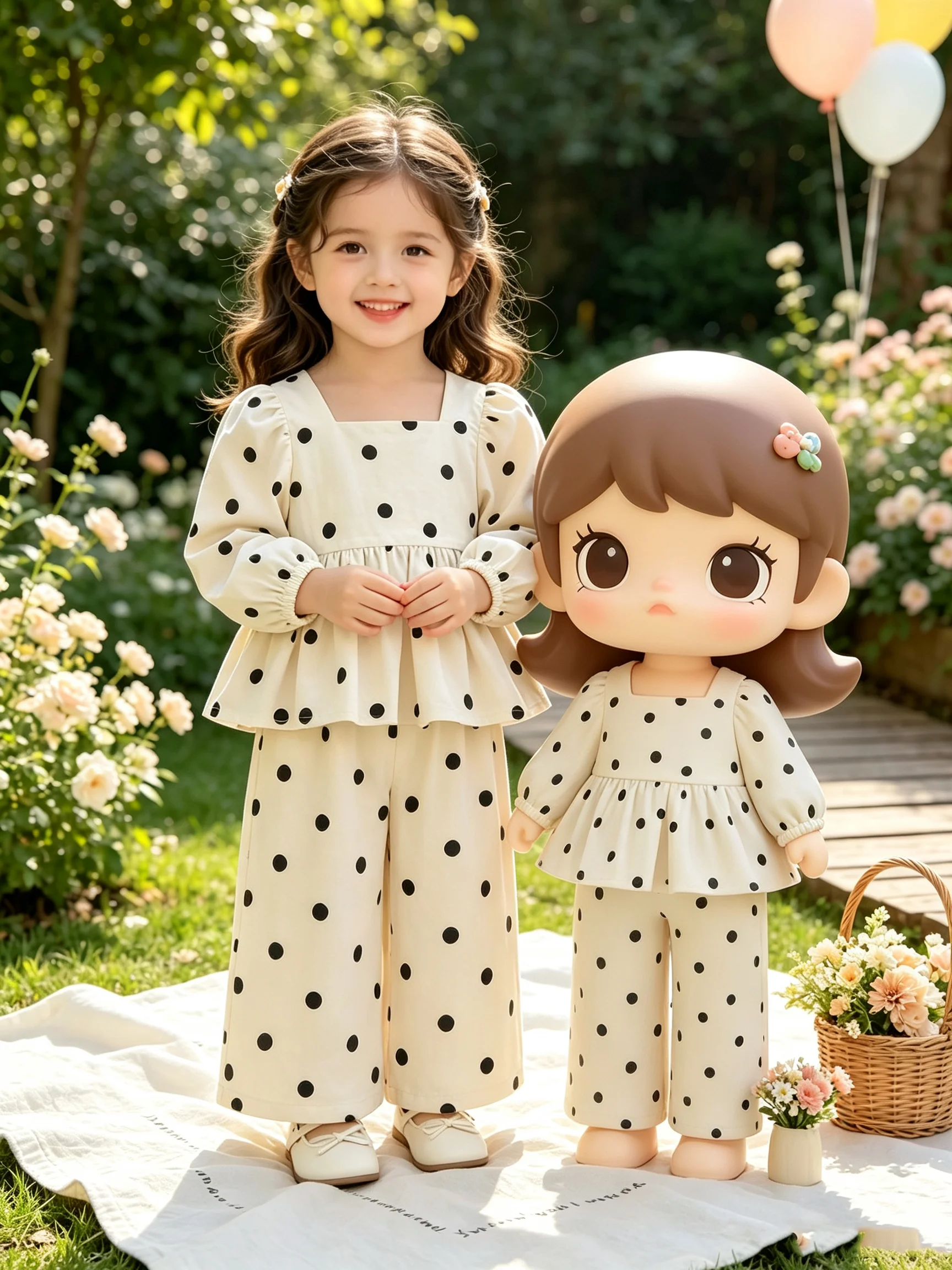 Kinder-Set mit Polka Dots und Langen Ärmeln für den Herbst: Oberteil mit Quadratischem Kragen, Rock mit Elastischem Bund & Lange Hose – Detail 2