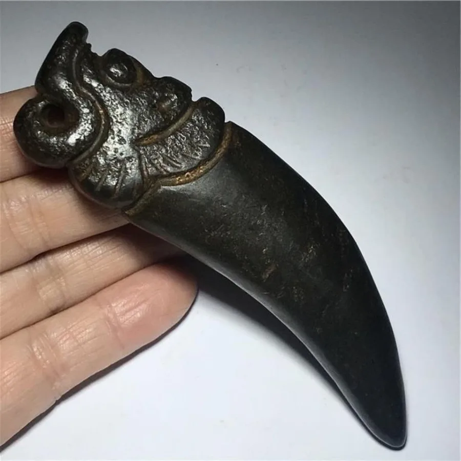 China Hongshan Culture Stone Statue Hand Carved Amulet Tiger Tooth Meteorite Pendant Ancient Natural Meteorite Xizang Collection