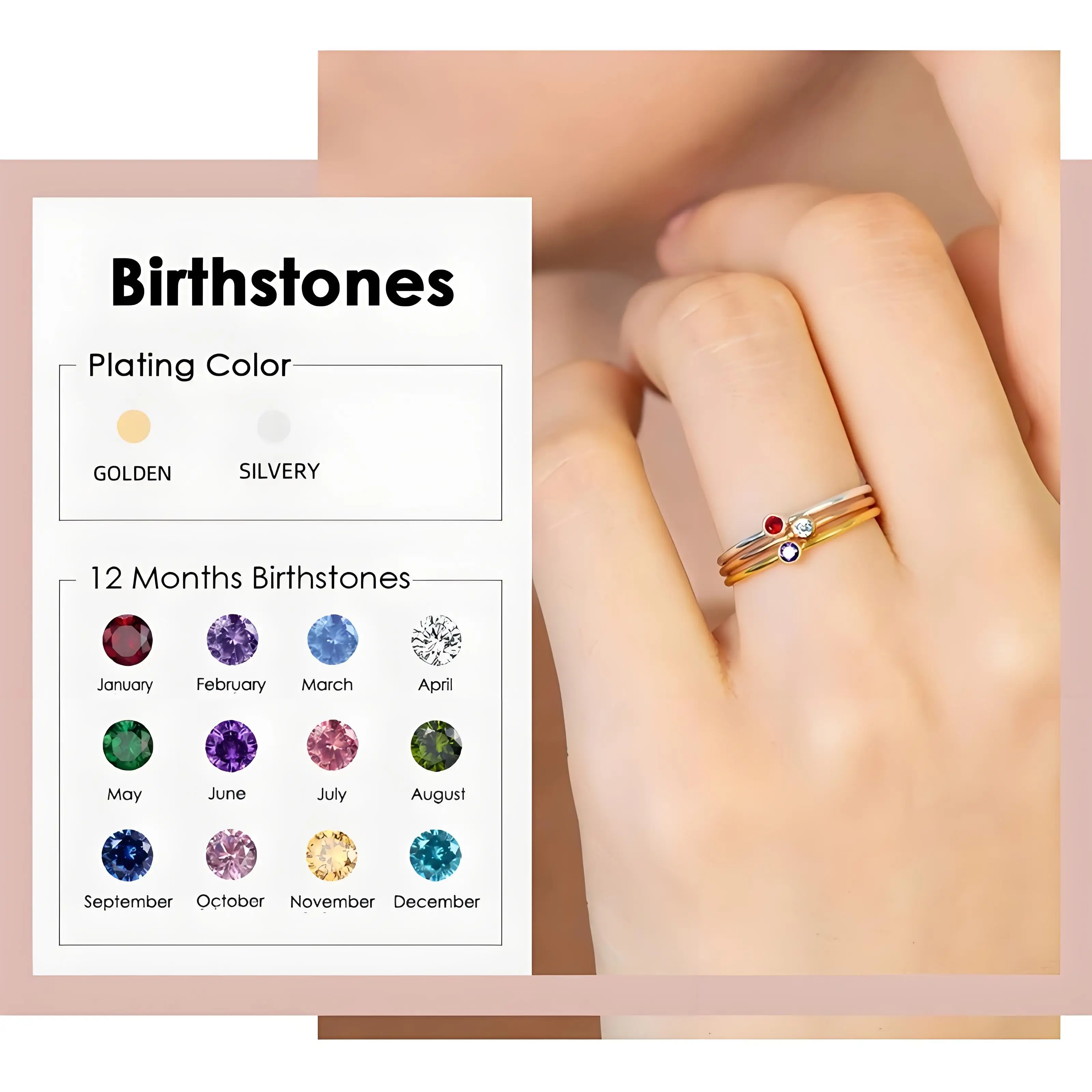 14K Gold Plated Stainless Steel Birthstone Ring for Women Tiny Thin Stacking Ring Colorful Zircon Crystal Aesthetic Jewelry Gift
