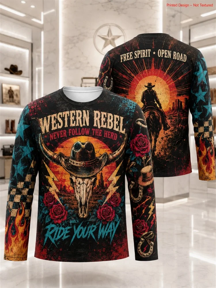 Men's High Desert Club Roam Far Live Free Long Sleeve T-Shirt Western Trails Cowboy Hat Cactus Graphic Pullover Tops Gift