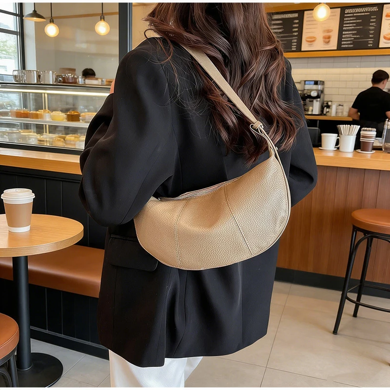 Damen Halbmondförmige Dumpling-Tasche aus Rindsleder, Vintage Unterarm-Schultertasche Crossbody-Handtasche für den Täglichen Arbeitsweg – Detail 12
