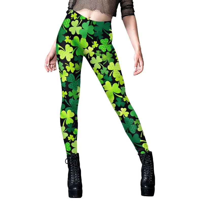 Women Green Shamrock Clover Printed Leggings High Waist Elastic Slim Fit St. Patrick's Day Holiday Party Pants