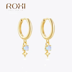 ROXI White Opal Drop Hoop Earrings For Women 925 Sterling Silver Star Charms 18K Gold Plata Piercing Zircon Drop Jewelry Gifts