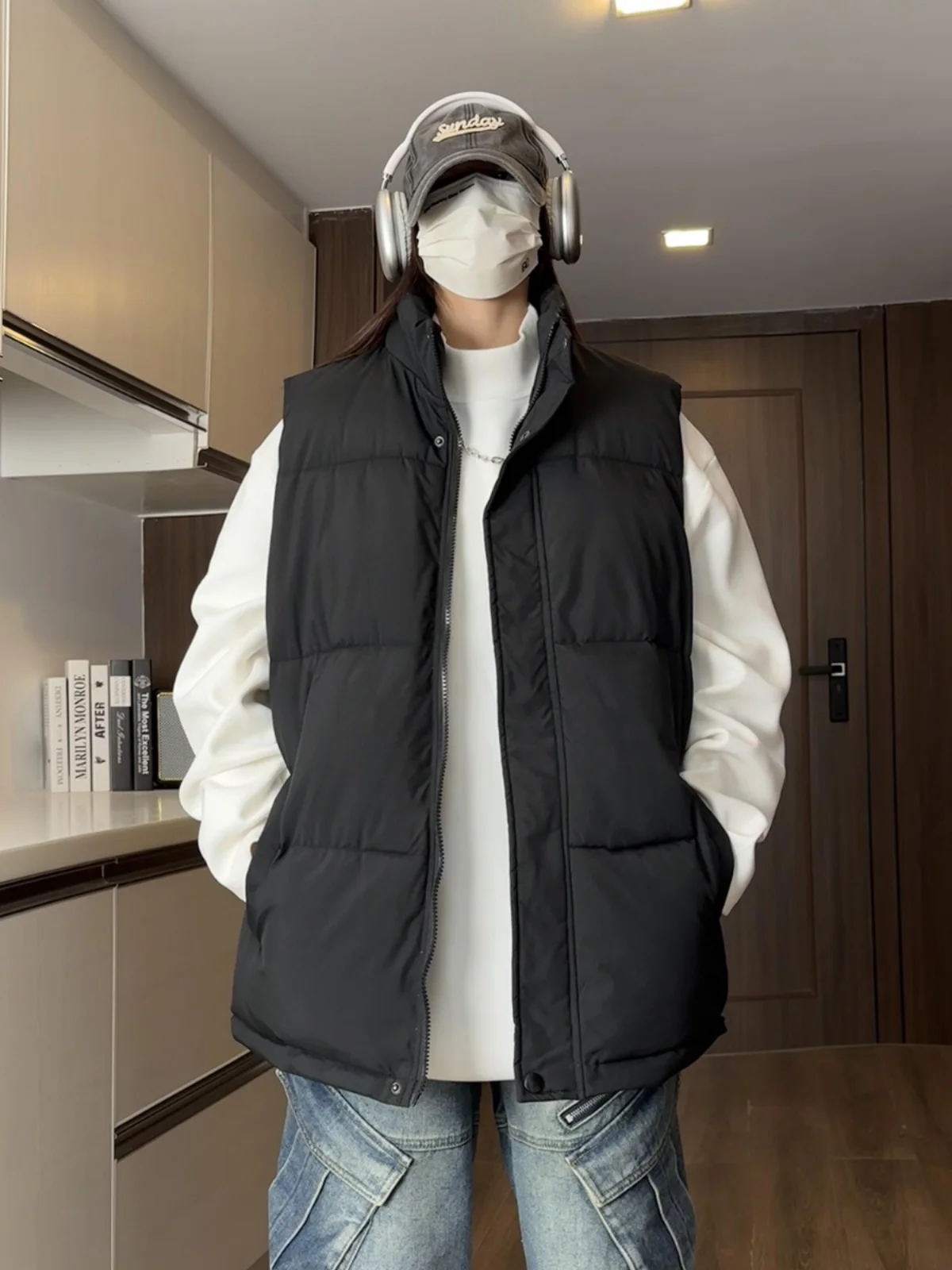 

Bla Thiened Cotton Jaet Men's Loose Fit Stand Collar Vest Spring Autumn Outerwear for Couples Teenagers Warm Faionable