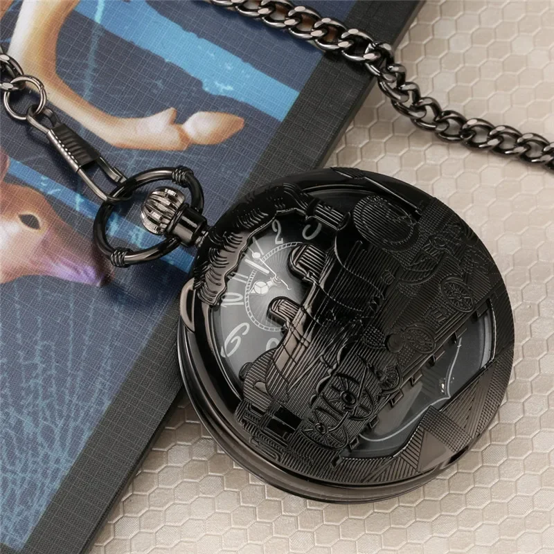Unique Hollow Locomotive Train Case Playing Music City Sky Song Men Women Quartz Analog Pocket Watch FOB Pendant Chain Clock
