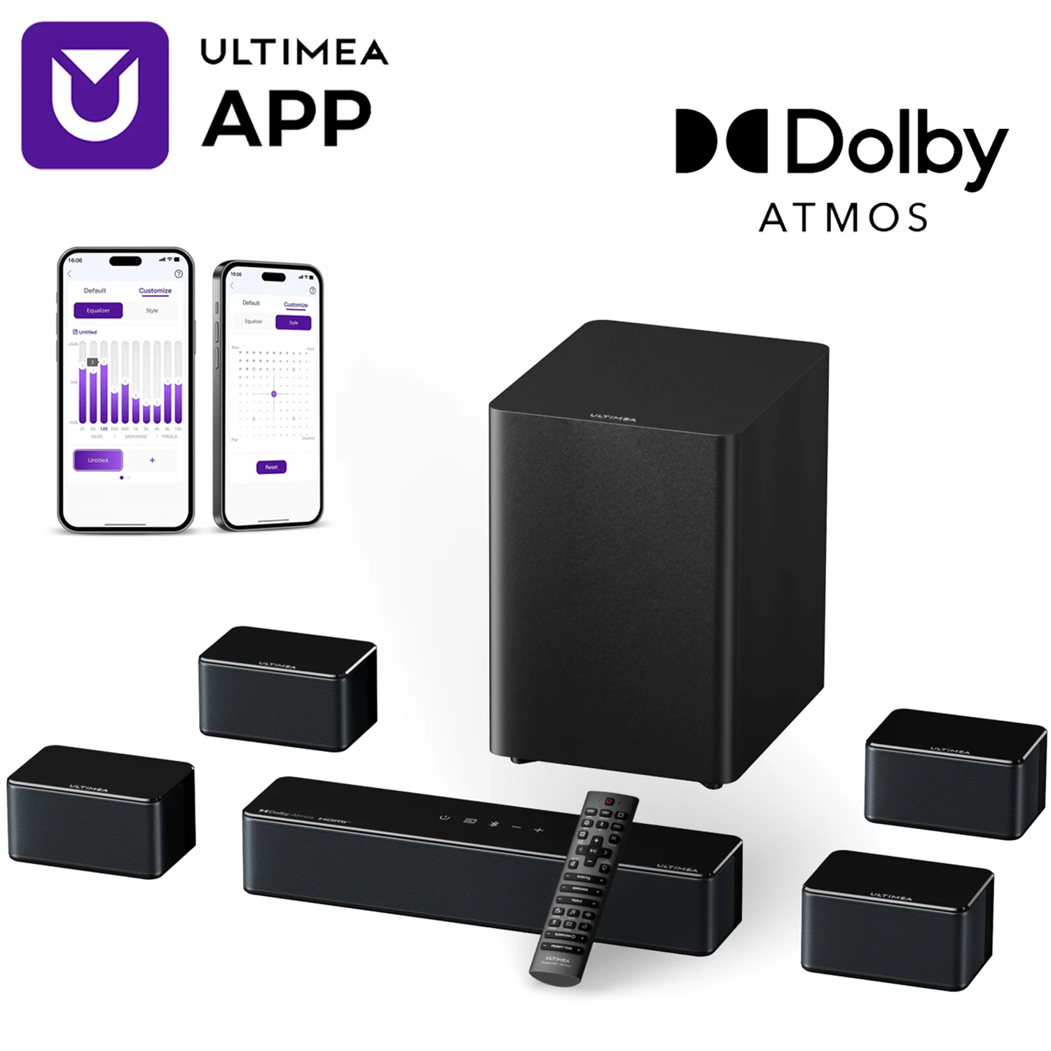 

ULTIMEA 7.1Ch Soundbar with Dolby Atmos, APP Control, Surround Sound System for TV, 4 Wired Surround Speakers, Sound Bar for TV