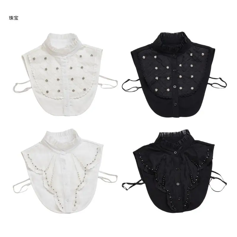 

X5QE Womens Detachable Collar Half Shirt Blouse Rhinestones Pearls Beaded Faux Collar