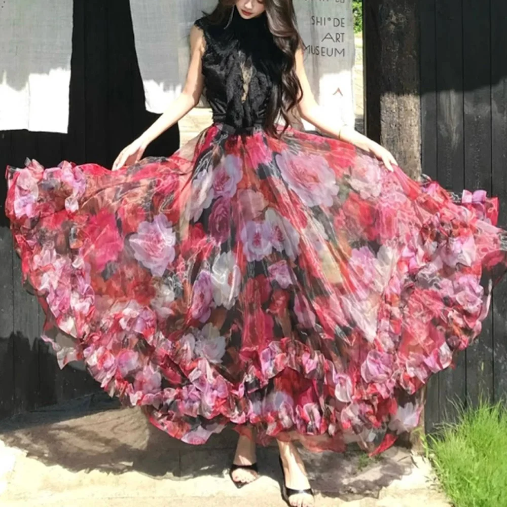 Red floral print pattern Elegant Chiffon French Hepburn Style Lace Slimming Floral Long Skirt for Women Summer 2026