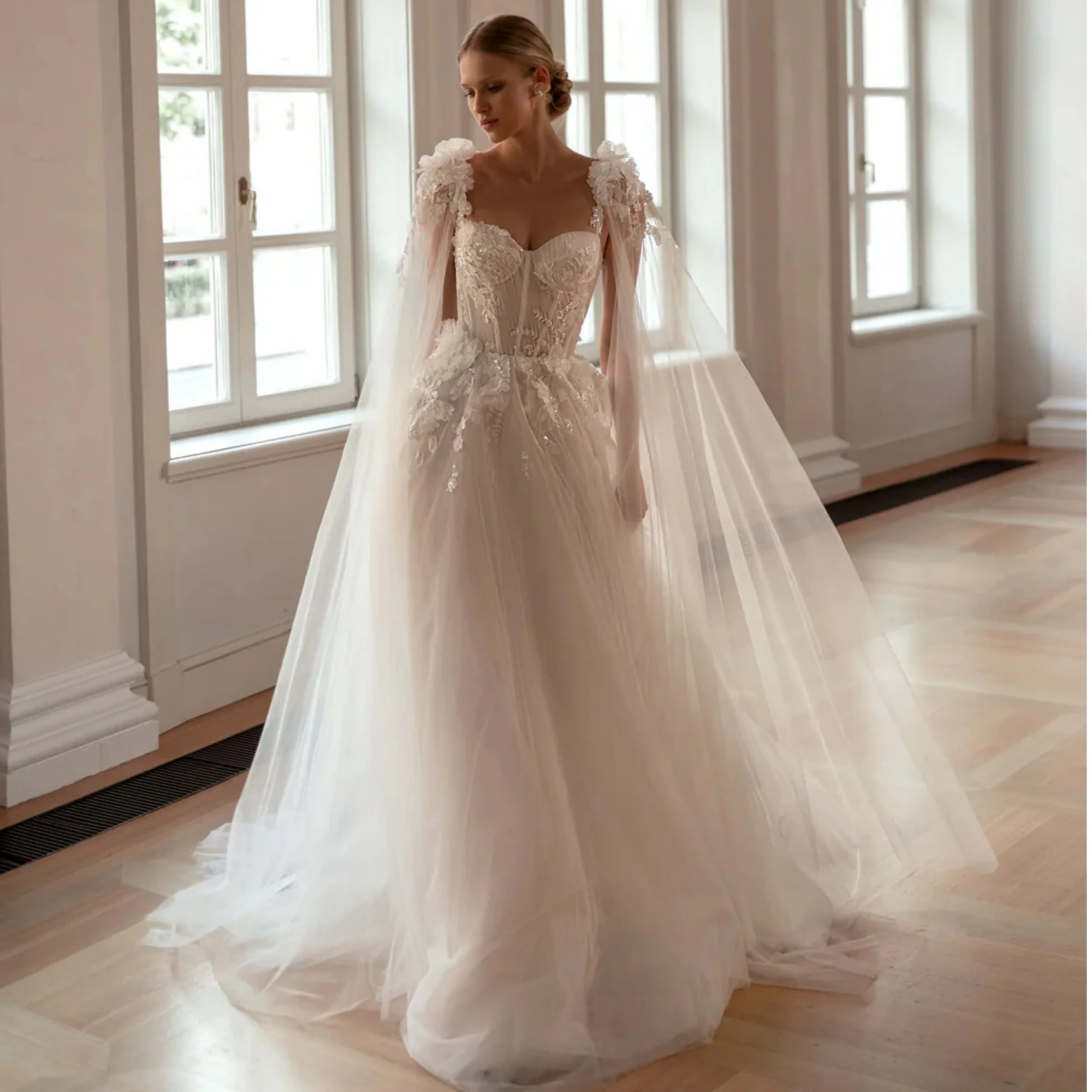 Romatic A Line Wedding Dresses for Bride Boho Lace Appliques Bridal Gowns Beading Sleeveless Customized Vestidos De Mariee