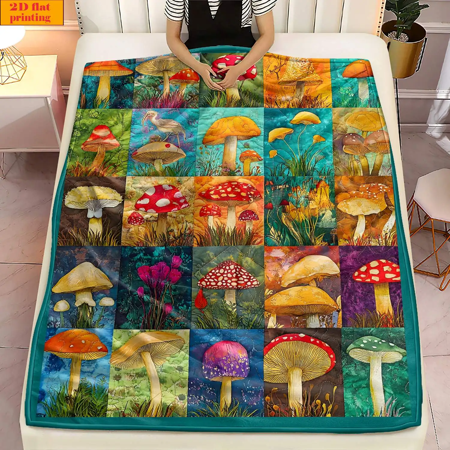 Color Patchwork Wild Mushroom Watercolor Grid Print Flannel Throw Blanket Soft Warm Cover For Sofa Bedroom Botanical Decor Gift