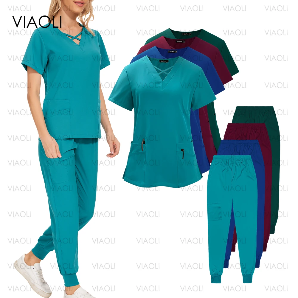 Conjunto de ropa de trabajo quirúrgica con cuello en V para mujer, trajes de fregado de moda, Joggers, Tops y pantalones, uniforme de enfermería médico de Hospital, ropa de trabajo quirúrgica de Color sólido