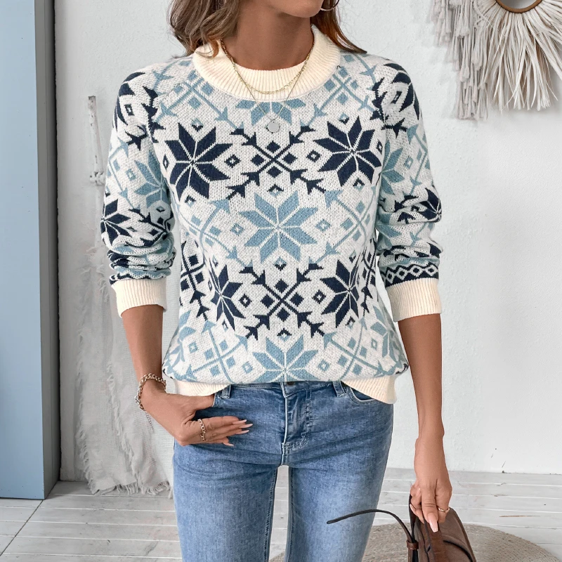 

Women's White Blue Snowflake Geometric Pattern Crew Neck Knitted Sweater Long Sleeve Autumn Winter Casual Loose Fit Pullover