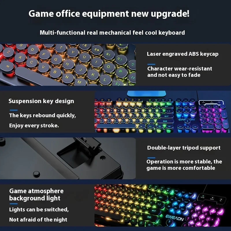 Retro Round Punk Mechanical Keyboard Blue Black Switch 104 Keys Usb Wired Gaming Keyboards Rgb Backlit for Pc Laptop Gamers