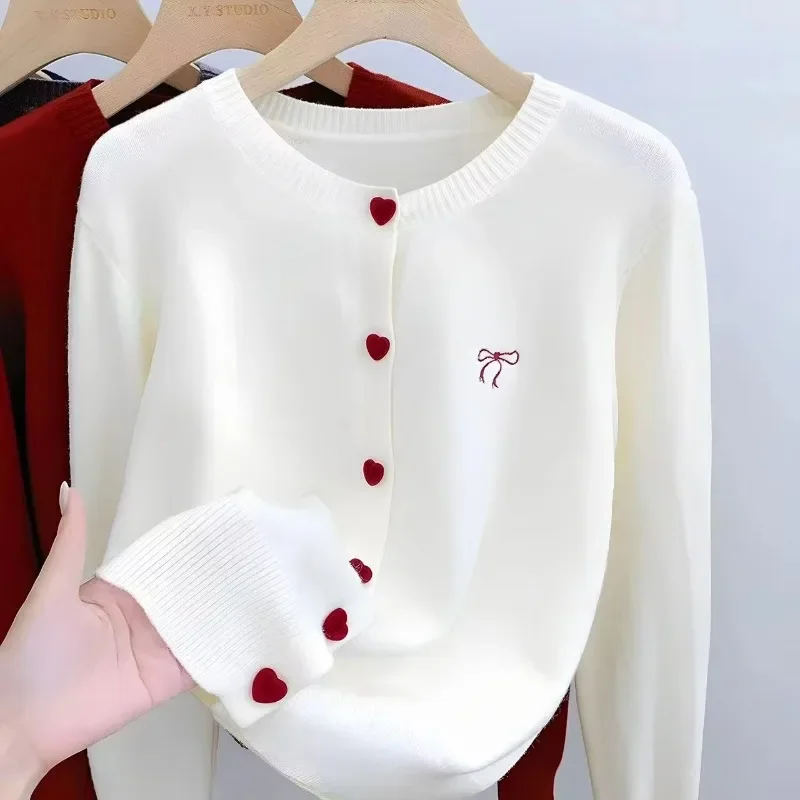 Women Solid Knitted Cardigan Bow Embroidery O‑Neck Single Breasted Lovely Heart‑Shaped Buttons Soft Long‑Sleeve Casual Tops