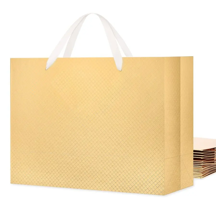 

12 очень больших подарочных пакетов 16x6x12 дюймов, золотые премиальные подарочные пакеты с ручками для подарков, матовое золото с текстурой решетки